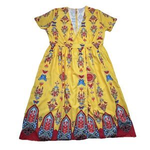 Yellow Floral Dress Size 2X Maxi V Neck Boho Short Sleeve Split
